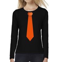 Zwart long sleeve t-shirt zwart met oranje stropdas bedrukking dames 2XL  - - thumbnail