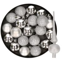 24x stuks kunststof kerstballen 6 cm inclusief glitter piek zilver