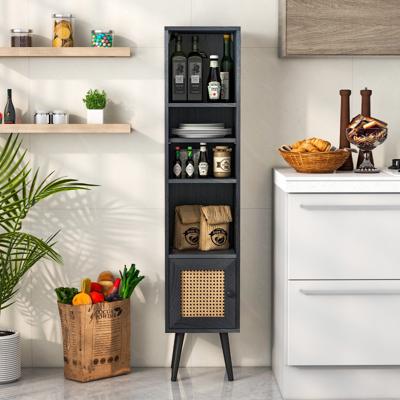 Rieten Hoge Kast Boekenrek met 4 Planken & Rieten Deur Commode Boho Stijl Zwart