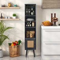 Rieten Hoge Kast Boekenrek met 4 Planken & Rieten Deur Commode Boho Stijl Zwart