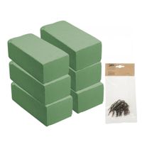 Rayher hobby - 6x stuks steekschuim/oase nat 20 x 10 x 7 cm met 50x steekkrammen klemmen 1-4 cm