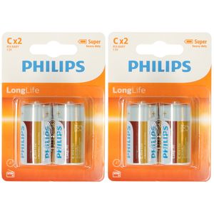 4x Philips Long Life batterijen LR14 C 1,5 V