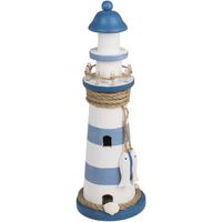 Vuurtoren beeldje met LED licht - Hout - 10 x 30 cm - wit/blauw - Maritieme decoraties binnen