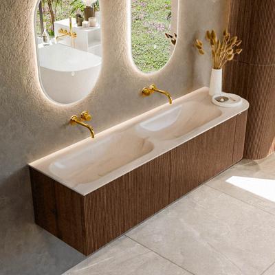 Badmeubel Mondiaz Kurve-Dlux | 165 cm | Meubelkleur Walnut | Wastafelkleur Meli | Solid surface | Dubbel / Links spoelbak | Zonder kraangat(en)