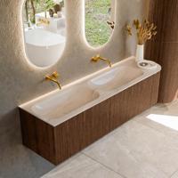 Badmeubel Mondiaz Kurve-Dlux | 165 cm | Meubelkleur Walnut | Wastafelkleur Meli | Solid surface | Dubbel / Links spoelbak | Zonder kraangat(en)