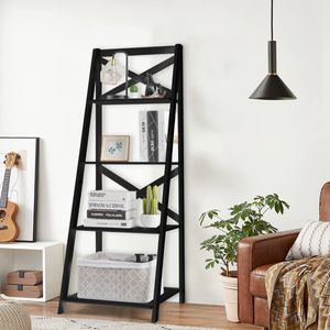 2 Stuks 4-Laags Ladderplank Moderne Hoekboekenplank Houten Boekenkast Opbergplank Displayrek 50 x 46 x 143 cm Zwart