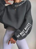Women's Fleece Slogan Sweatshirt | Drop Shoulder Pullover Top Dark Grey / XL