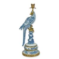 A BRONZE MOUNTED PORCELAIN PARROT CANDLE HOLDER