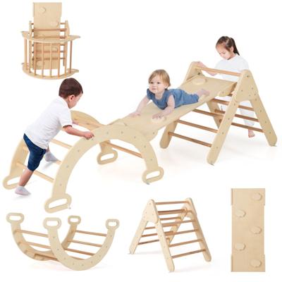 Set van 3 Houten Klimtoestellen voor Peuters met Driehoeken/Bogen/Klimhellingen Montessori-klimset voor Kinderen Vanaf 1 Jaar-Naturel