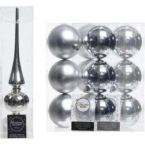 Kerstboom decoratie zilver piek en 12x kerstballen 8 cm