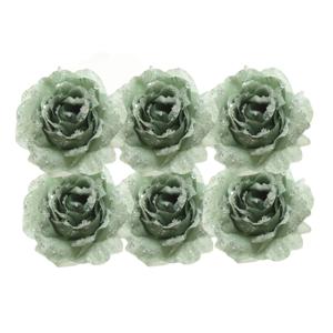 Decoratie roos - 6x - op clip - salie groen - 14 cm - kunststof - kerstbloemen - kerstboomversiering