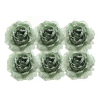 Decoratie roos - 6x - op clip - salie groen - 14 cm - kunststof - kerstbloemen - kerstboomversiering - thumbnail