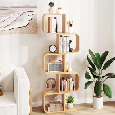 S-vormige Boekenplank Bamboe Staande Rek met 5 Niveaus Cube Rek Bureau Rek Natuur