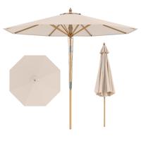 Ronde Parasol van 280 cm Bamboe Marktparasol met Kantelmechanisme met Drukknop Geventileerde Bovenkant 8 Stevige Baleinen in Hoogte Verstelbare Buitenzonwering-Beige