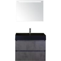 Maxx XL Badmeubelset 80 cm - Beton Antraciet - Wastafel Kube Zwart 1 Kraangat met LED Spiegel