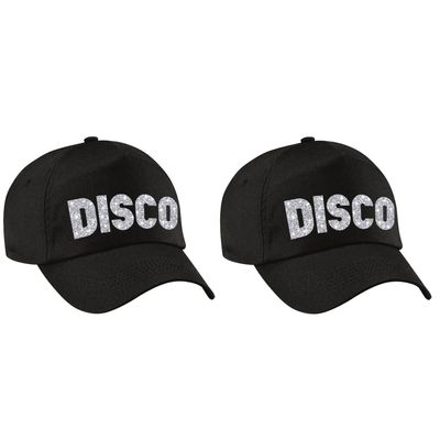 2x stuks DISCO pet /cap zwart met zilver bedrukking volwassenen 2x stuks DISCO pet /cap zwart met zilver bedrukking volwassenen