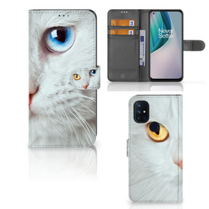 OnePlus Nord N10 Telefoonhoesje met Pasjes Witte Kat