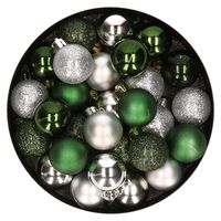 28x stuks kunststof kerstballen donkergroen en zilver mix 3 cm 28x stuks kunststof kerstballen donkergroen en zilver mix 3 cm