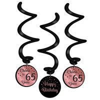 Hangdecoratie 65 jaar rosé zwart 3 stuks - thumbnail