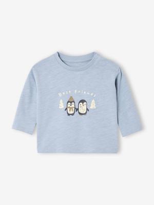 T-shirt baby met lange mouwen en pinguïnprint ijsblauw