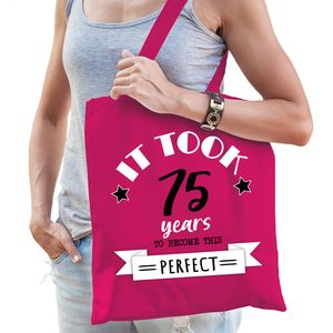 Cadeau tas voor dames - 75 en perfect - fuchsia roze - katoen - 42 x 38 cm - vijfenzeventig - shoppe