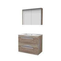 Basic-Line Comfort 46 Badkamermeubelset - 80 x 46 cm - Met Grepen - 2 Lades - Keramische Wastafel - 1 Kraangat - Spiegelkast - Scotch Oak