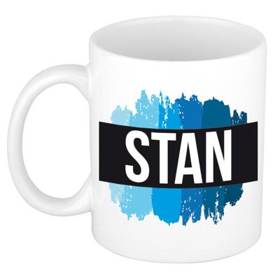 Stan naam cadeau koffie mok - beker - met blauw verfstrepen - Cadeau collega - vaderdag