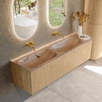 Badmeubel Mondiaz Kurve-Dlux | 165 cm | Meubelkleur Oak | Wastafelkleur Arena | Solid surface | Dubbel / Links spoelbak | Zonder kraangat(en)
