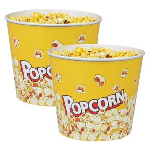 Popcorn bak - 2x - geel print - kunststof - D14 cm - 2.2 liter - herbruikbaar