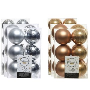 Kerstversiering kunststof kerstballen mix camel bruin/zilver 4-6-8 cm pakket van 68x stuks