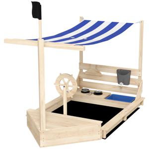 Outsunny Zandbak, piratenschip ontwerp, met speelkeukenset, zonnescherm, natuurlijk hout, 180 x 103 x 144,5 cm