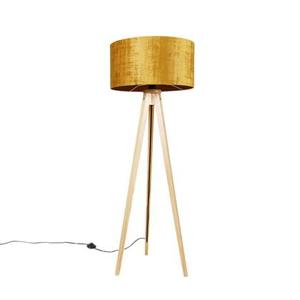 QAZQA Vloerlamp hout met stoffen kap goud 50 cm - Tripod Classic