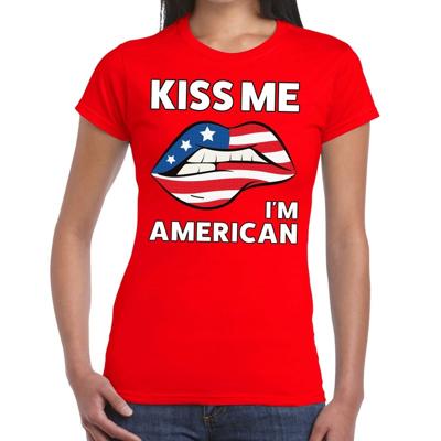 Kiss me - I am American - t-shirt - rood - dames - USA - Amerika - korte mouwen