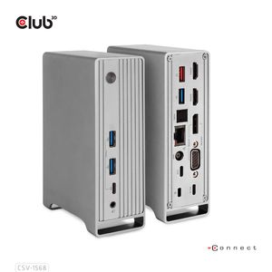 CLUB3D Universeel Docking station(Metal casing)1x USB Gen2 Type-C (data) 2x USB Gen2 Type-A 1x USB Gen1 Type-A 1x USB Type-A (ROOD) Smart Charging-poort 5V/2.4A Max. • 2x HDMI™ (DP Alt Mode) 1x DP™ (DP Alt Mode) hdr 1x VGA 1x RJ45 1 + 120 Watt opladen v