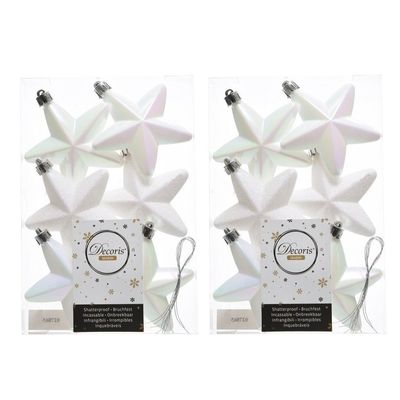 12x Parelmoer witte sterren kerstballen 7 cm kunststof glans/mat