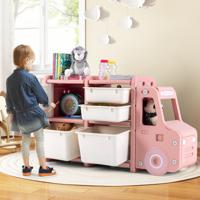 Opbergmeubel voor Kinderspeelgoed met 2 Bakken 2 Lades en 1 Kast Speelruimte Display in de Vorm van een Vrachtwagen Roze