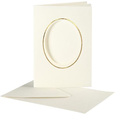 Creativ Company Passepartout kaarten , ovaal met gouden rand, afmeting kaart 10,5x15 cm, afmeting envelop 11,5x16,5 cm, off-white, 10 set/ 1 doos
