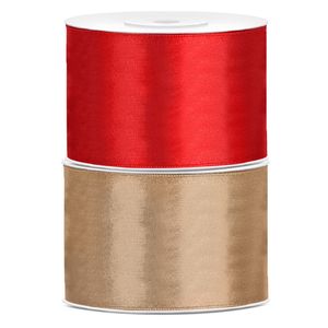 Bellatio decorations 2x rollen satijn sierlint 5 cm x 25 meter goud en rood