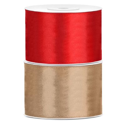 Bellatio decorations 2x rollen satijn sierlint 5 cm x 25 meter goud en rood Bellatio decorations 2x rollen satijn sierlint 5 cm x 25 meter goud en rood