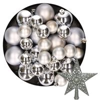 Kerstversiering kunststof kerstballen met piek zilver 6-8-10 cm pakket van 45x stuks