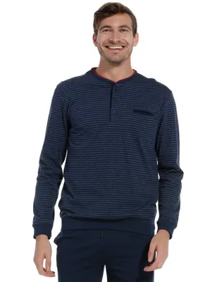 Heren pyjamashirt lange mouw - Katoen - Knoopsluiting - Donkerblauw