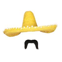 Carnaval verkleed set - Mexicaanse sombrero hoed met plaksnor - geel - heren - thumbnail