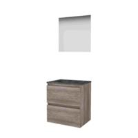 Basic-Line Ultimate 46 Badkamermeubelset - 60 x 46 cm - Greeploos - 2 Lades - Hardstenen Wastafel - Zonder Kraangat - Spiegel met Indirecte LED Verlichting - Scotch Oak