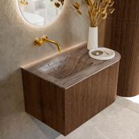 Badmeubel Mondiaz Kurve-Dlux | 75 cm | Meubelkleur Walnut | Wastafelkleur Oza | Solid surface | Wasbak linker zijde spoelbak | Zonder kraangat(en)