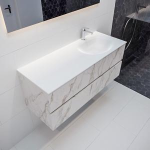 Mondiaz Vica Moon badmeubel wit carrara mat 120 cm 4 lades solid surface enkele spoelbak rechts 1 kraangat