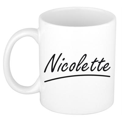 Nicolette Naam koffiemok - beker - met sierlijke letters - wit - 300 ml - Cadeau - Dames