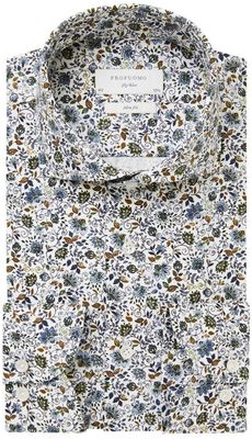 Profuomo Sky Blue Heren Overhemd Wit Bloemen Print Twill Slim Fit