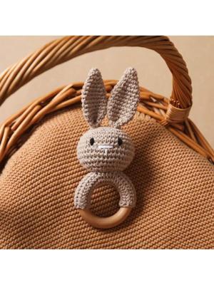 1pc Handmade Crochet Bunny Ear Wooden Teething Rings, Baby Teether Gift For Teething Period Grey / one-size