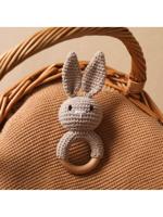 1pc Handmade Crochet Bunny Ear Wooden Teething Rings, Baby Teether Gift For Teething Period Grey / one-size