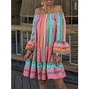 Dames Gewone jurk Zonnejurk Jurk met print Geometrisch Streep Met ruches Afdrukken Schouderafhangend Mini-jurk Modieus Streetwear Buiten Dagelijks Lange mouw Ruim Passend Blozend Roze Oranje Zomer Lightinthebox